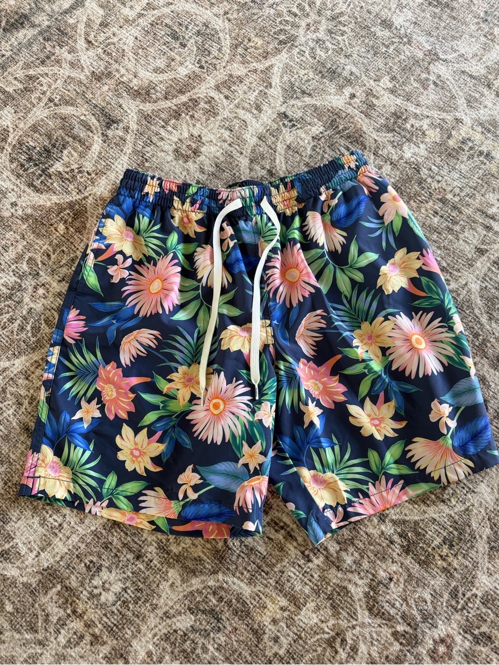 chubbies Navy Floral Athletic Swim Shorts with White Drawstring